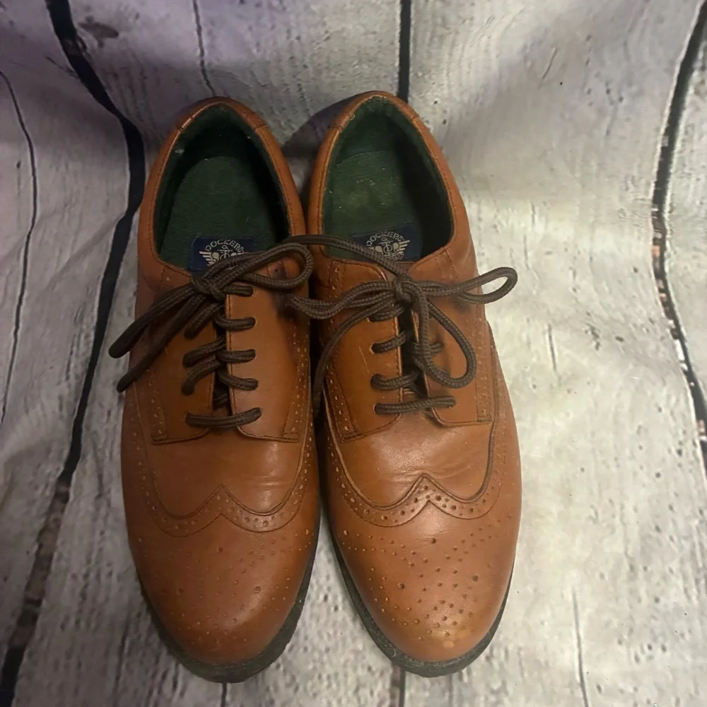Dockers Men’s Brown‎ Leather Wingtip Brogue Oxford Lace Up Dress Shoe Sz 9M GUC